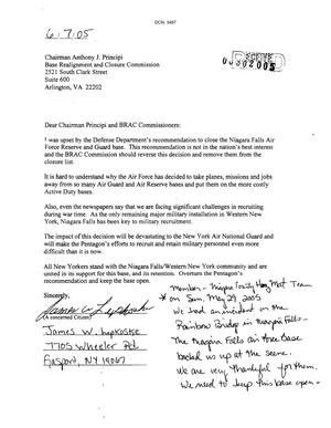Letter from James W. Lepkoske to BRAC Commission dtd 07 June 2005