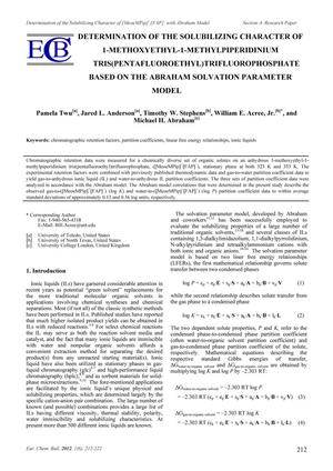Determination of the Solubilizing Character of 1-Methoxyethyl-1-Methylpiperidinium Tris(Pentafluoroethyl)Trifluorophosphate Based on the Abraham Solvation Parameter Model