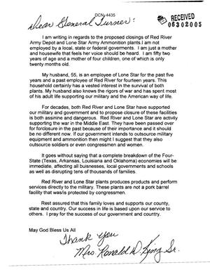 Letter from Mrs. Ronald D. King Sr. to the Commission in regards to Red River Army Depot and Lone Star Army Ammonition plants.