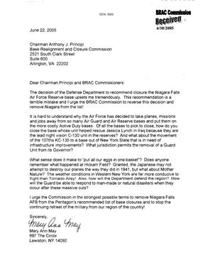 Letter from Mary Ann May to the BRAC Commission dtd 22 June 2005