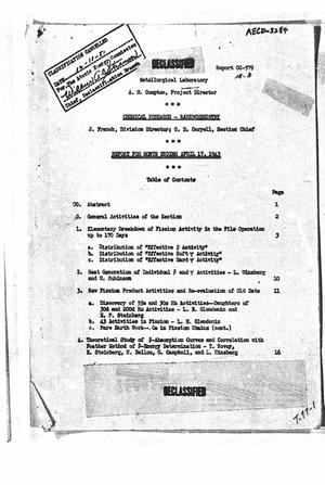 Chemical Research - Radiochemistry : Report for the Month Ending April 17, 1943