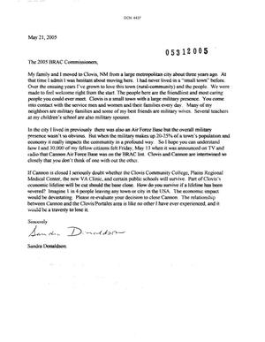Letter from Sandra Donaldson to the BRAC Commission