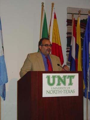 Primary view of object titled '[Man speaking at 2005 Celebración]'.