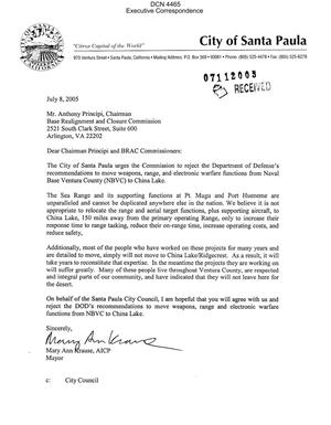 Executive Correspondence – Letter dtd from Santa Paula CA Mayor Mary Anne Krause
