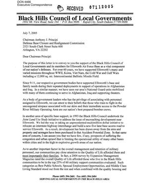 Executive Correspondence – Letter dtd 07/07/05 to Chairman Principi from Terry Weisenberg, Chairman of the Black Hills Council of Local Governments (SD