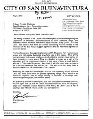 Executive Correspondence – Letter dtd 07/08/05 to Chairman Principi from Buenaventura CA Mayor Brennan
