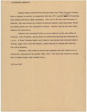 Primary view of object titled '[News Script: Lavender suspect]'.