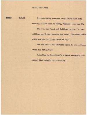 Primary view of object titled '[News Script: Pearl buck dies]'.