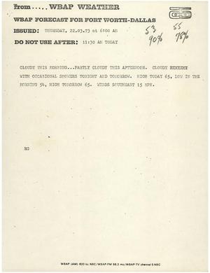 [News Script: WBAP weather report for March 22, 1973]