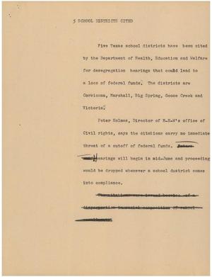 Primary view of object titled '[News Script: 5 school districts cited]'.