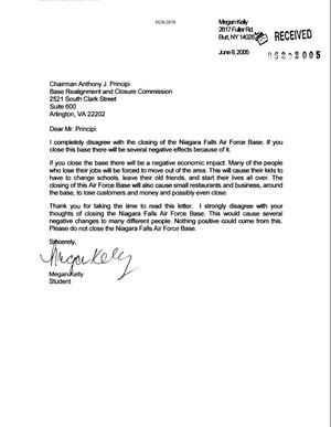 Letter from Megan Kelly to the BRAC Commission dtd 8 June 2005