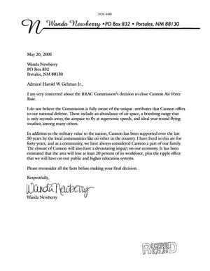 Letter from Wanda Newberry to Commissioner Harold W. Gehman dtd 20 May 2005