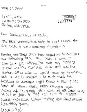 Letter from Cecilia Soto to Commissoner Lloyd W. Newton dtd 20 May 2005
