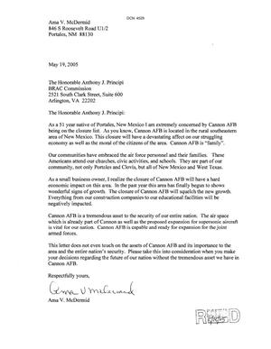 Letters from Ama V. McDermid to BRAC Commissioners dtd 19 May 2005