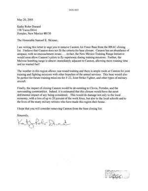 Letters from Kathy Roler Durand to BRAC Commissioners dtd 20 May 2005