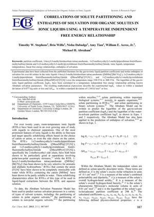 Correlations of solute partitioning and enthalpies of solvation for organic solutes in ionic liquids using a temperature independent free energy relationship