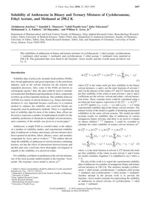Solubility of Anthracene in Binary and Ternary Mixtures of Cyclohexanone, Ethyl Acetate, and Methanol at 298.2 K