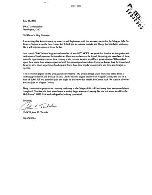 Letter from CMSGT John E. Tuchols (ret.) to BRAC Commission dtd 16 June 2005