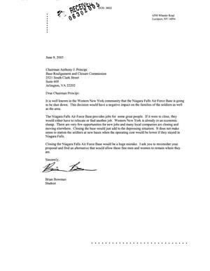 Letter from Brian Bowman to BRAC Commission dtd 9 June 2005
