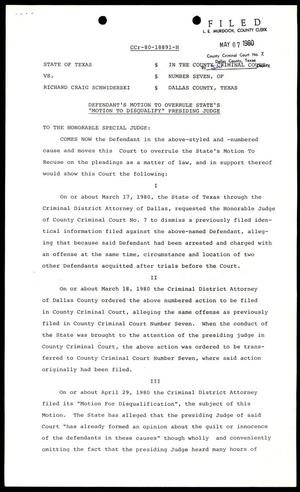 [Defendant's Motion to Overrule State's Motion to Disqualify Presiding Judge - filed May 7, 1980]