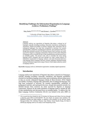 Primary view of object titled 'Identifying Challenges for Information Organization in Language Archives: Preliminary Findings'.