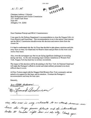 Letter from Leonard & Violet Anderson to BRAC Commission dtd 3 June 2005