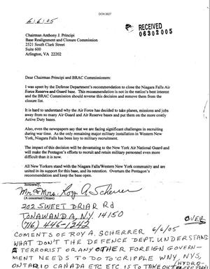 Letter from Mr. & Mrs. Roy A. Scheuer to the BRAC Commission dtd 6 June 05
