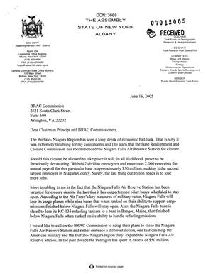Letter dtd 06/16/05 to the Commission from NY State Assemblyman Sam Hoyt