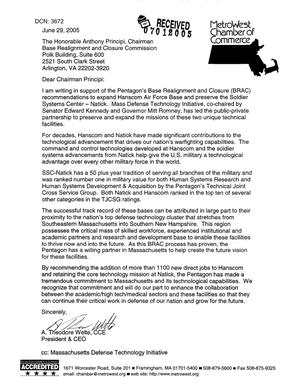 Letter dtd 06/29/05 to Chairman Principi from the MetroWest Chamber of Commerce