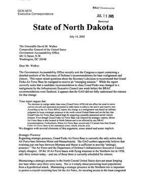Executive Correspondence – Letter dtd 07/14/05 to GAO Comptroller David Walker (CC’d to Chairman Principi) from the North Dakota Delegation