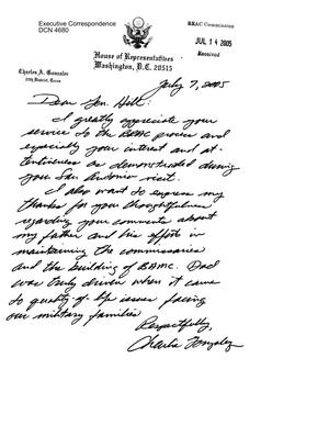 Executive Correspondence – Handwritten letters dtd 07/07/05 to Commissioner Hill and Commission Interagency Deputy Team Leader Marilyn Wasleski from Representative Gonzalez (20th, TX)