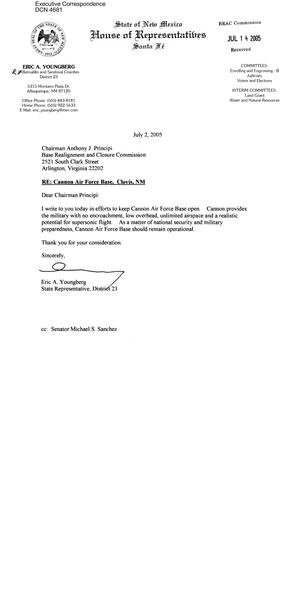 Executive Correspondence –  Letter dtd to Chairman Principi from NM State Representative Eric Youngberg