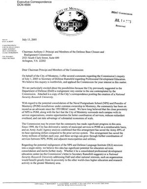 Executive Correspondence –  Letter dtd 07/13/05 to Chairman Principi and the Commission from Monterey CA Mayor Dan Albert