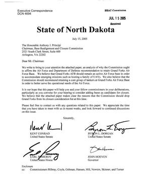 Executive Correspondence – Letter dtd 07/15/05 to Chairman Principi CC’d to all Commissioners from Senators Kent Conrad, Byron Dorgan, Rep Earl Pomeroy, and Gov John Hoeven of North Dakota