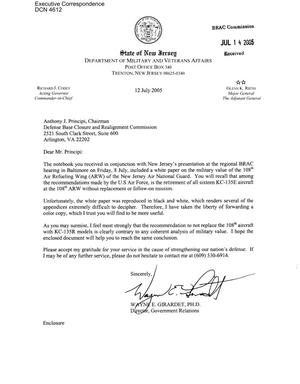 Executive Correspondence – Letter dtd 07/15/05 to all Commissioners and Charles Battaglia from Wayne Girardet, Department of Military and Veteran Affairs, NJ