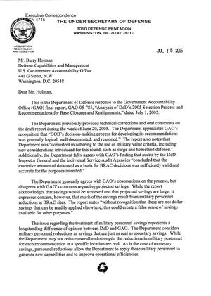 Executive Correspondence – Letter dtd 07/15/05 to Barry Holman at GAO from Michael Wynne.