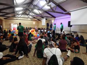 [Students sitting with balloons at 2015 BSE]