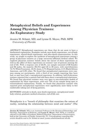 Metaphysical Beliefs and Experiences Among Physician Trainees: An Exploratory Study
