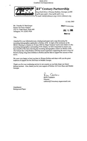 Coalition Correspondence – Letter dtd 06/22/05 to Commission R&A analyst Timothy MacGregor from the Robins AFB 21st Century Partnership