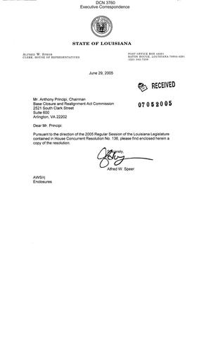 Executive Correspondence – Letter dtd 06/29/05 to Chairman Principi from State of LA House of Representatives Clerk Alfred Speer