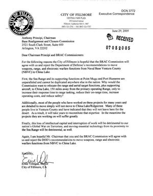 Executive Correspondence – Letter dtd 06/29/05 to Chairman Principi from Fillmore, CA Mayor Ernie Villegas