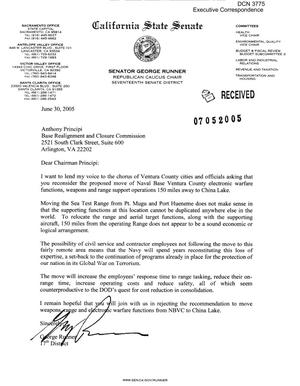 Executive Correspondence – letter dtd 06/30/05 to Chairman Principi from CA State Senator George Runner