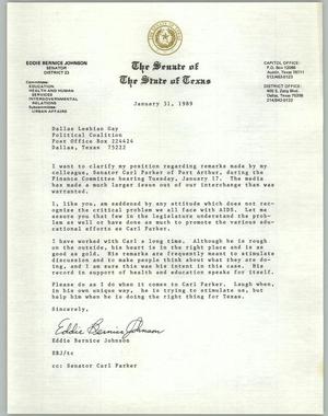 Primary view of object titled '[Letter from Eddie Bernice Johnson to Dallas Lesbian Gay Political Coalition dated January 31, 1989]'.