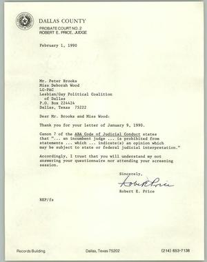 Primary view of object titled '[Letter from Robert Price sent to the Lesbian/Gay Political Coalition of Dallas dated February 1, 1990]'.