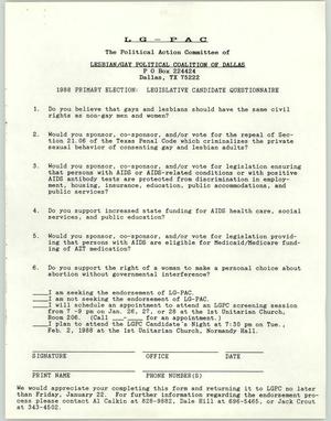 Primary view of object titled '[Blank 1988 legislative candidate questionnaire]'.