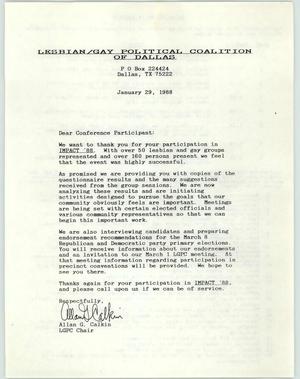 Primary view of object titled '[Letter from Allan G. Calkin to "conference participant" dated January 29, 1988]'.