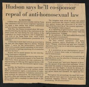 [Clipping: Hudson says he'll co-sponsor repeal of anti-homosexual law]