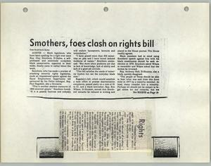 Primary view of object titled '[Clipping: Smothers, foes clash on rights bill]'.