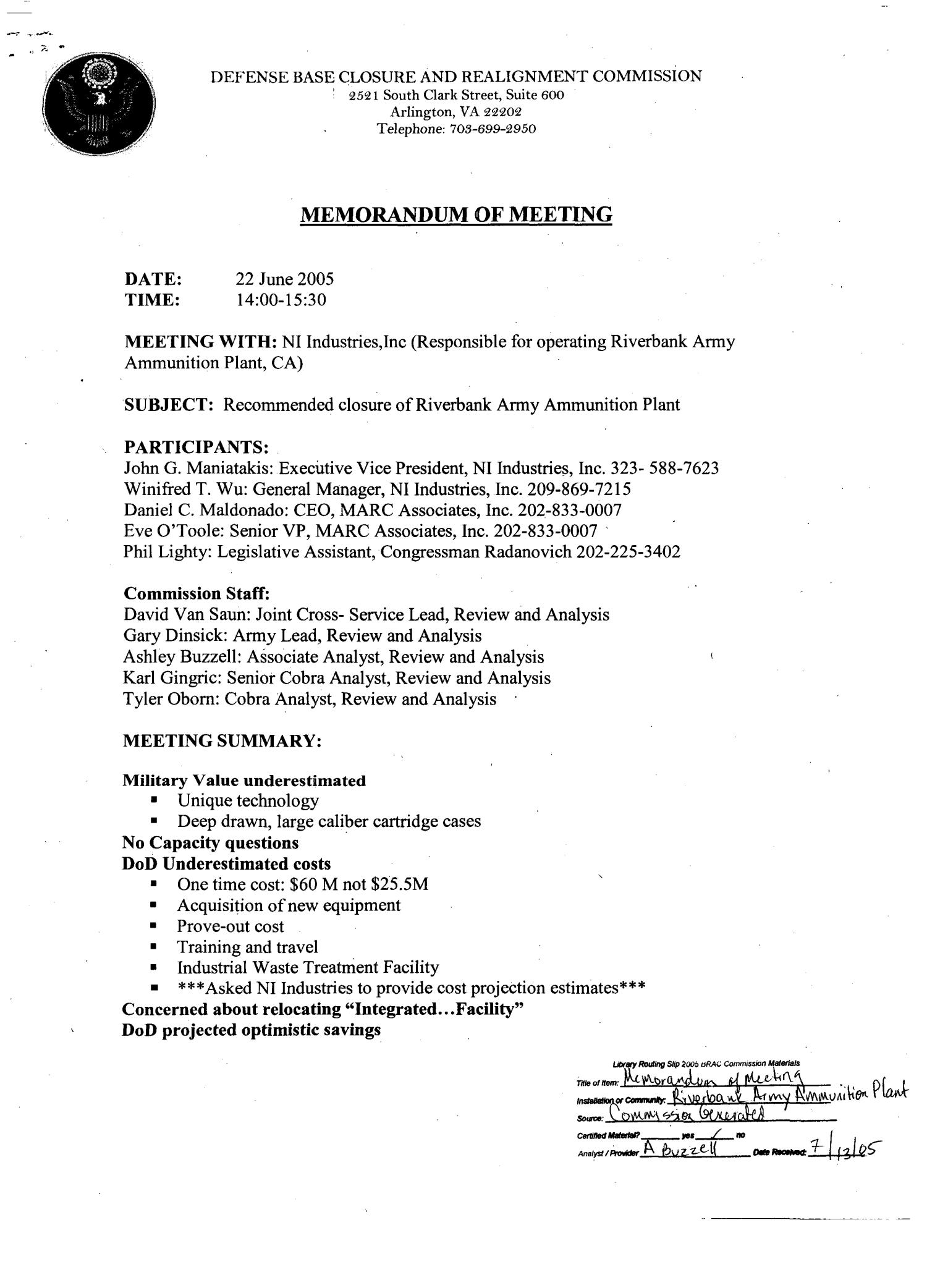 Memorandum of Meeting: Riverbank Army Ammunition Plant California