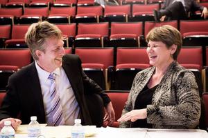 [David Cutler and Deborah Brooks laughing at the UNT Music Entrepreneurship Competition Finals]